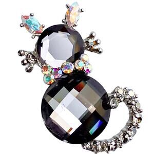 Vintage Glam Y2K AB Rhinestone Cat Brooch Faceted Gray Glass Blingy Animal Pin
